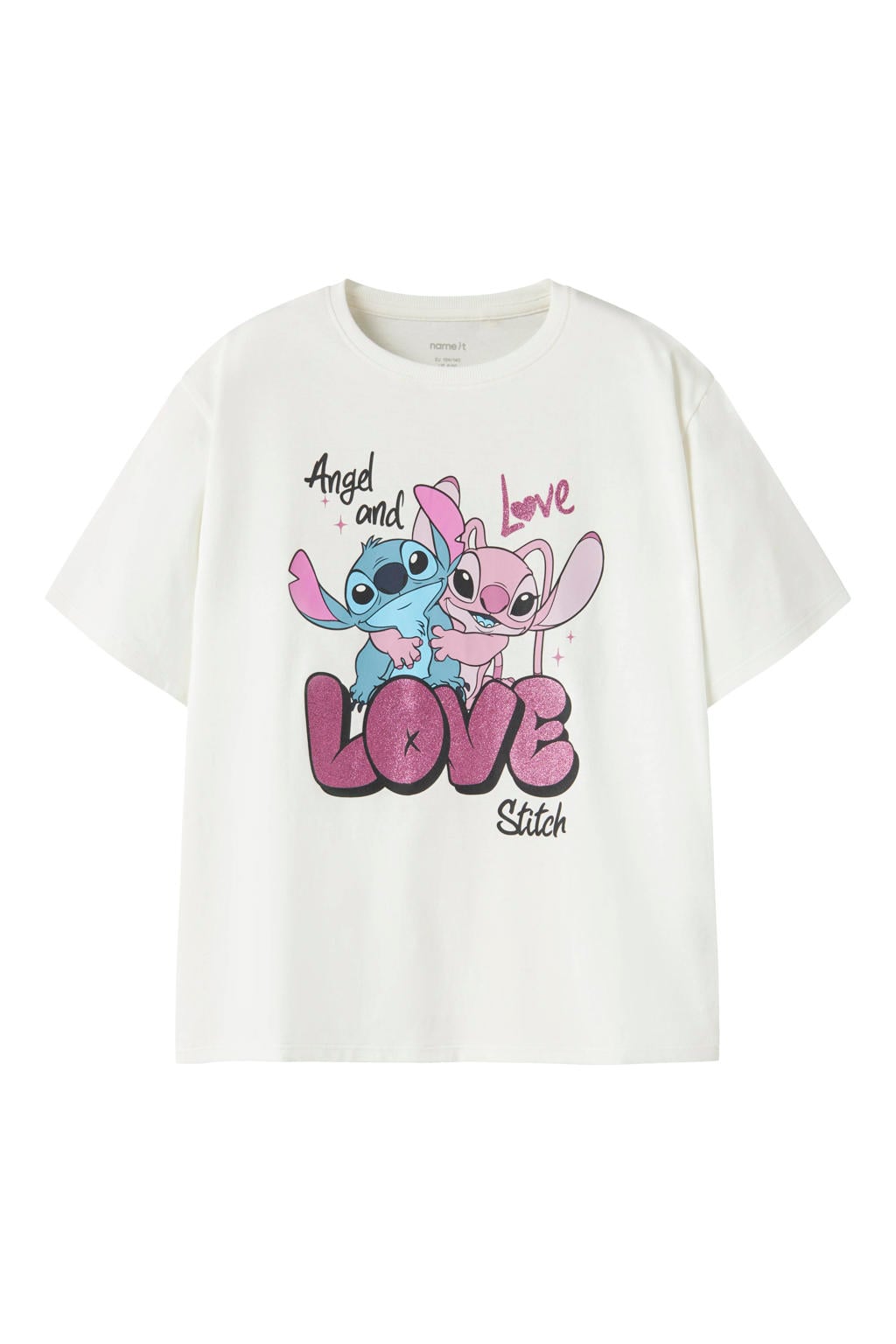 Witte meisjes NAME IT KIDS Lilo & Stitch regular fit T-shirt van katoen met korte mouwen en ronde hals