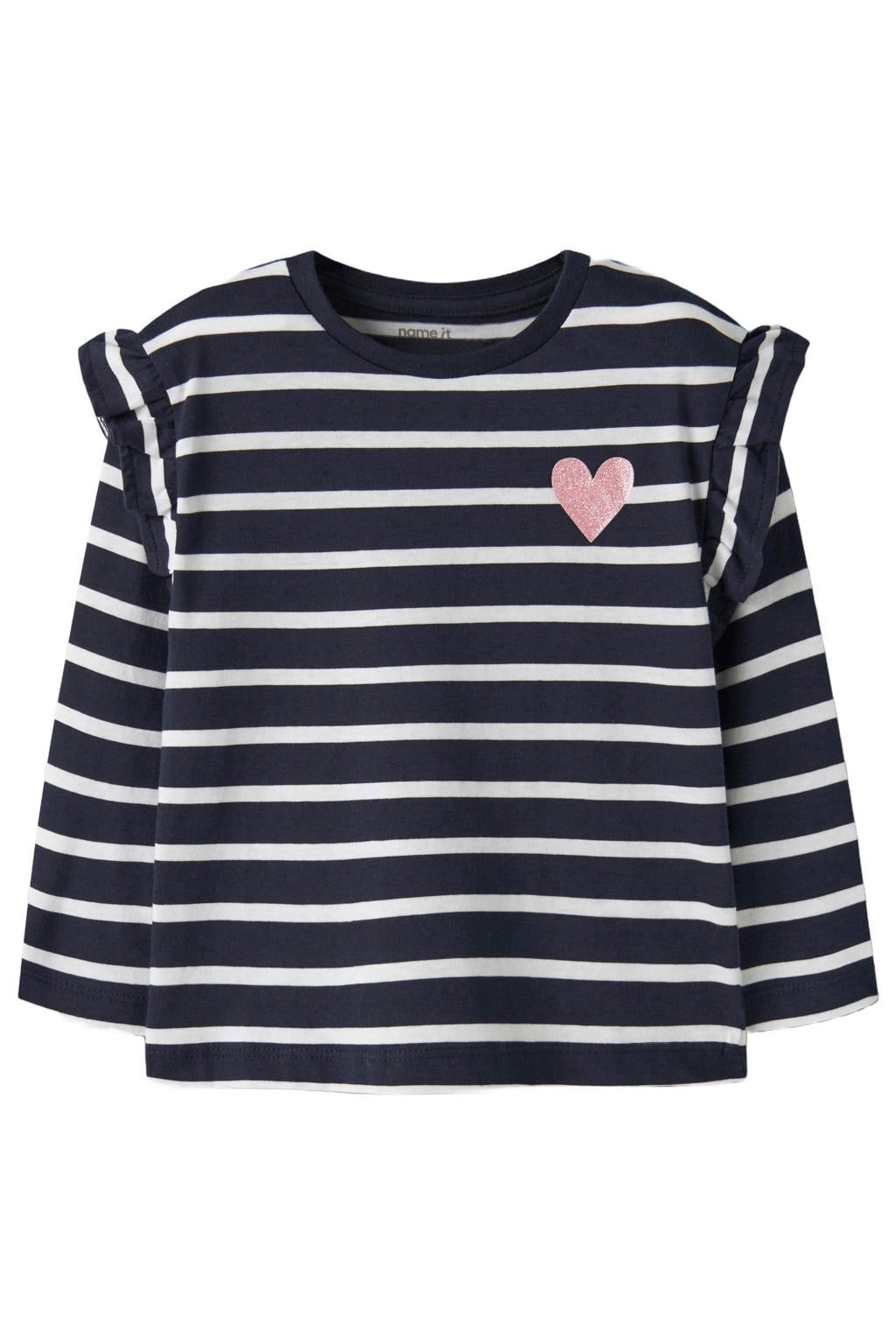 Donkerblauw en witte meisjes NAME IT MINI longsleeve van katoen met strepenprint, lange mouwen, ronde hals en ruches