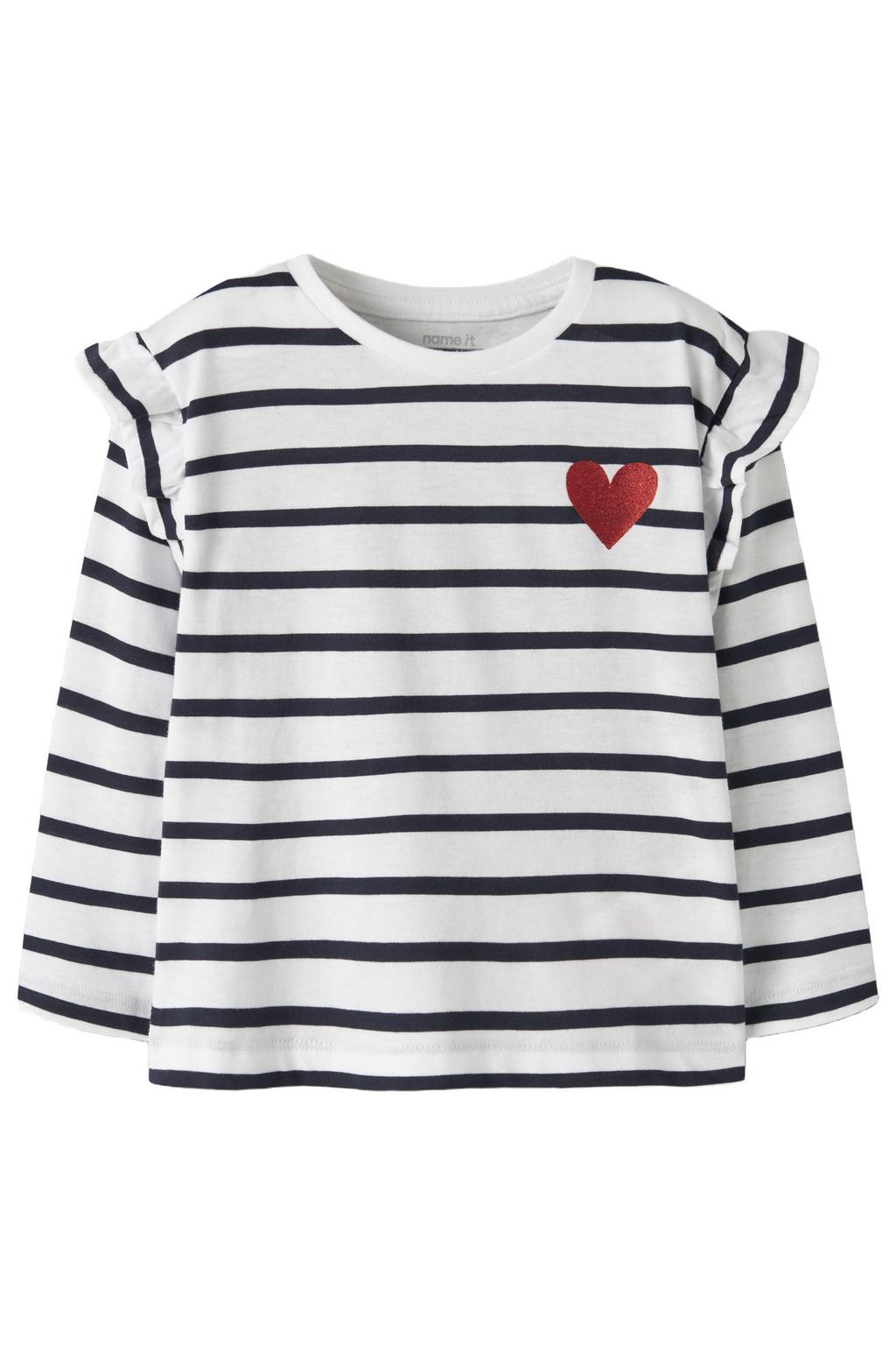Wit en donkerblauwe meisjes NAME IT MINI longsleeve van katoen met strepenprint, lange mouwen, ronde hals en ruches