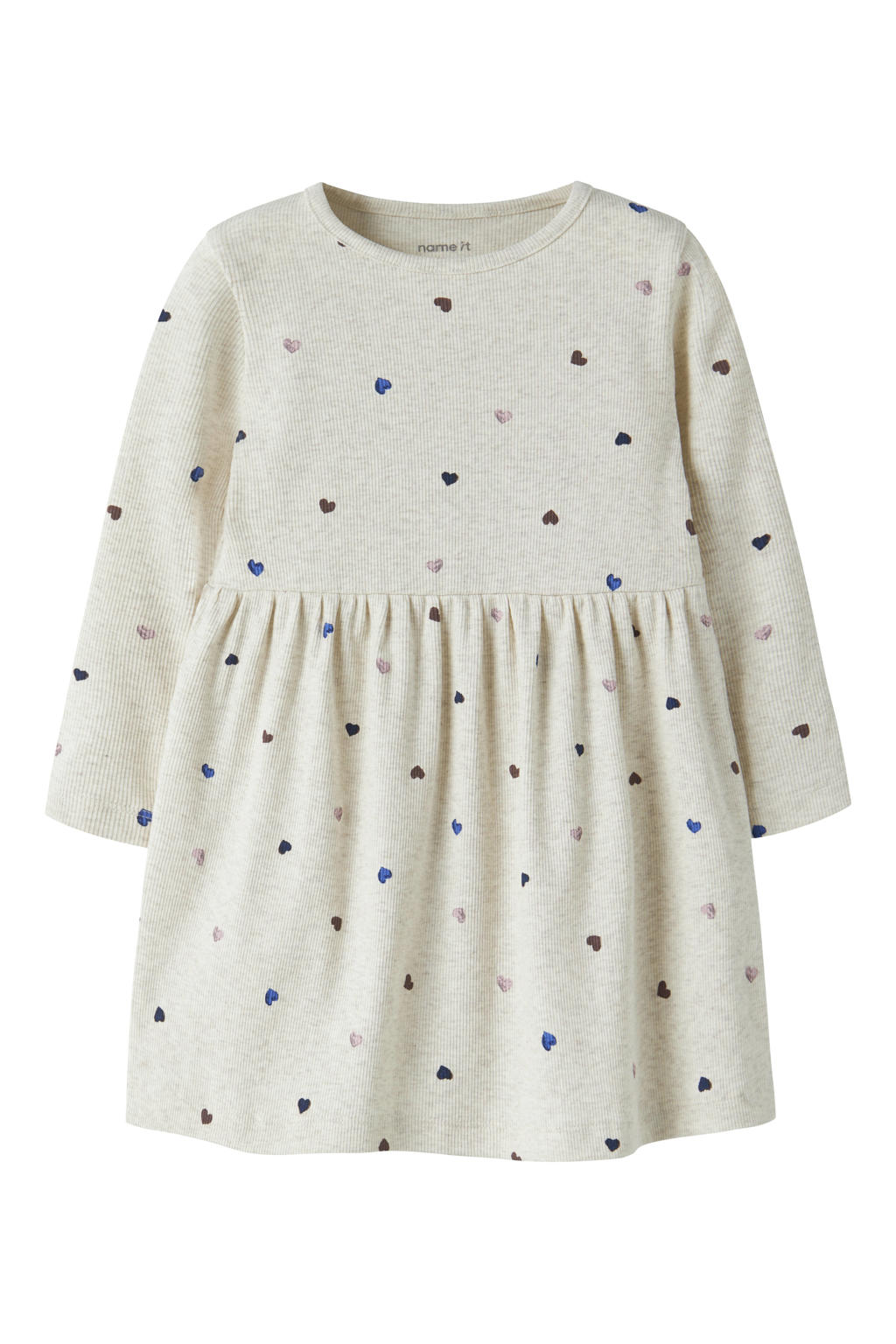 Beige meisjes NAME IT MINI gebreide jurk van stretchkatoen met hartjesprint, lange mouwen en ronde hals