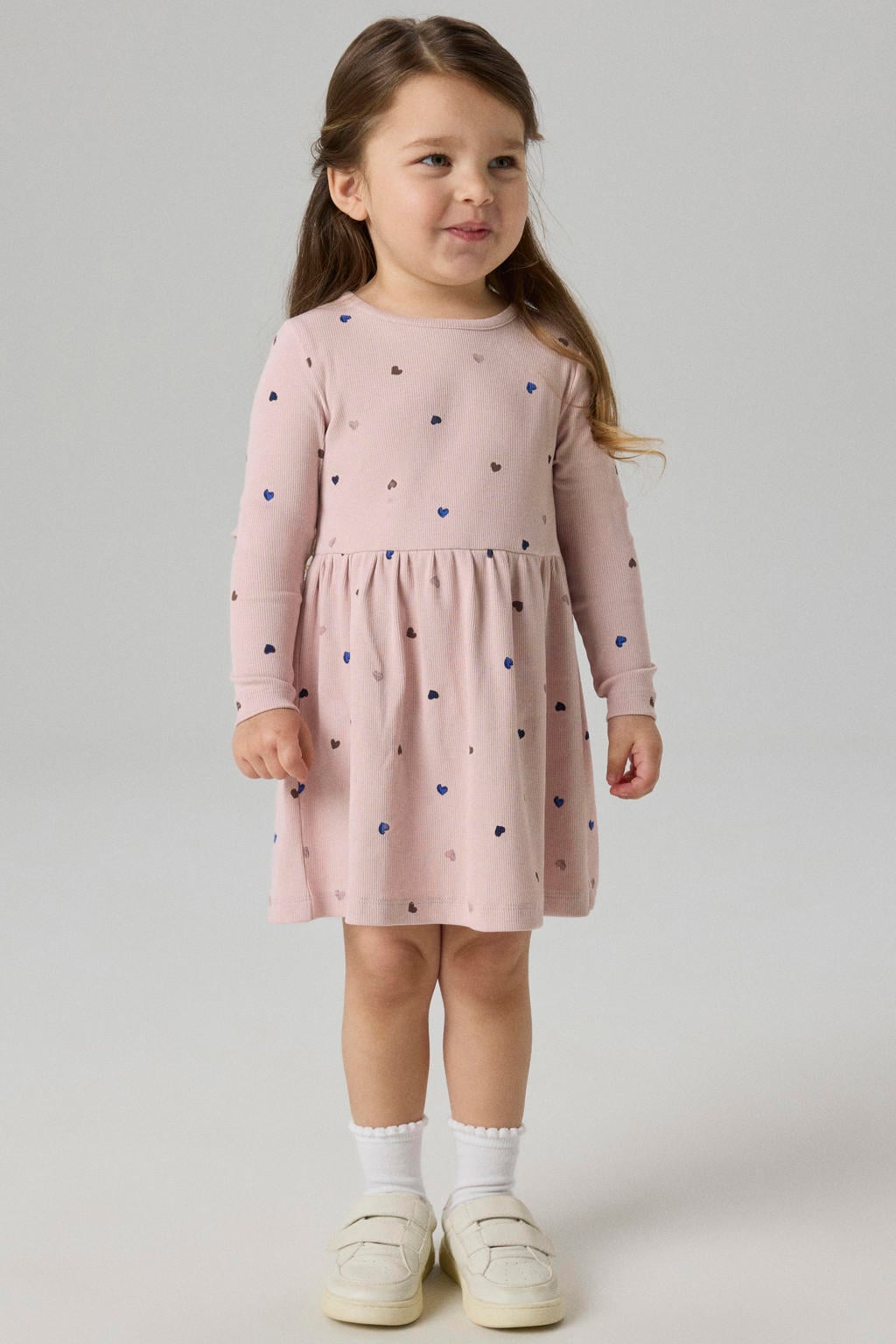 Lichtroze meisjes NAME IT MINI gebreide jurk boord met hartjes met lange mouwen en ronde hals