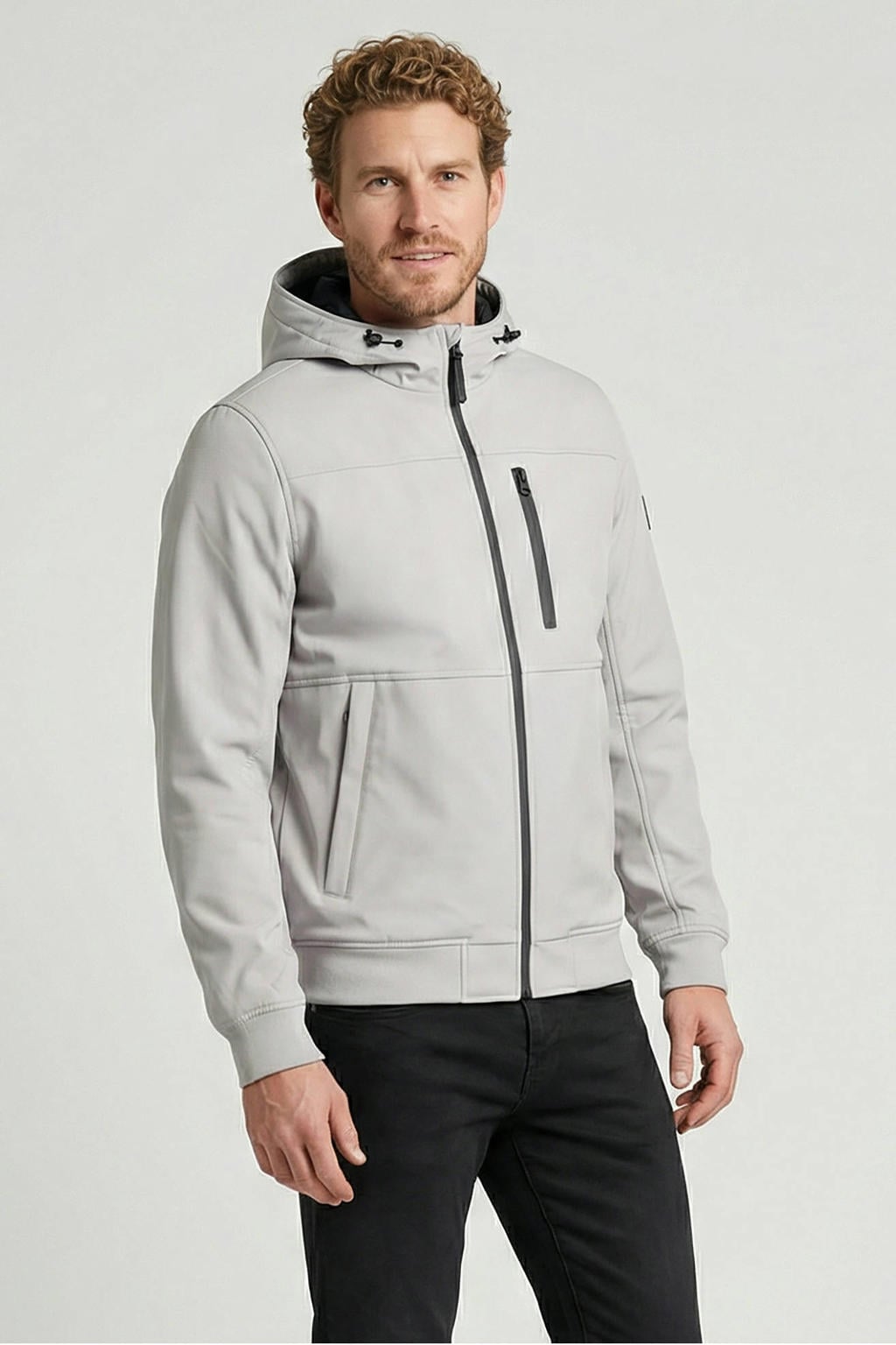 Lichtgrijze heren Cars softshell jas van polyester met effen, lange mouwen, capuchon en ritssluiting