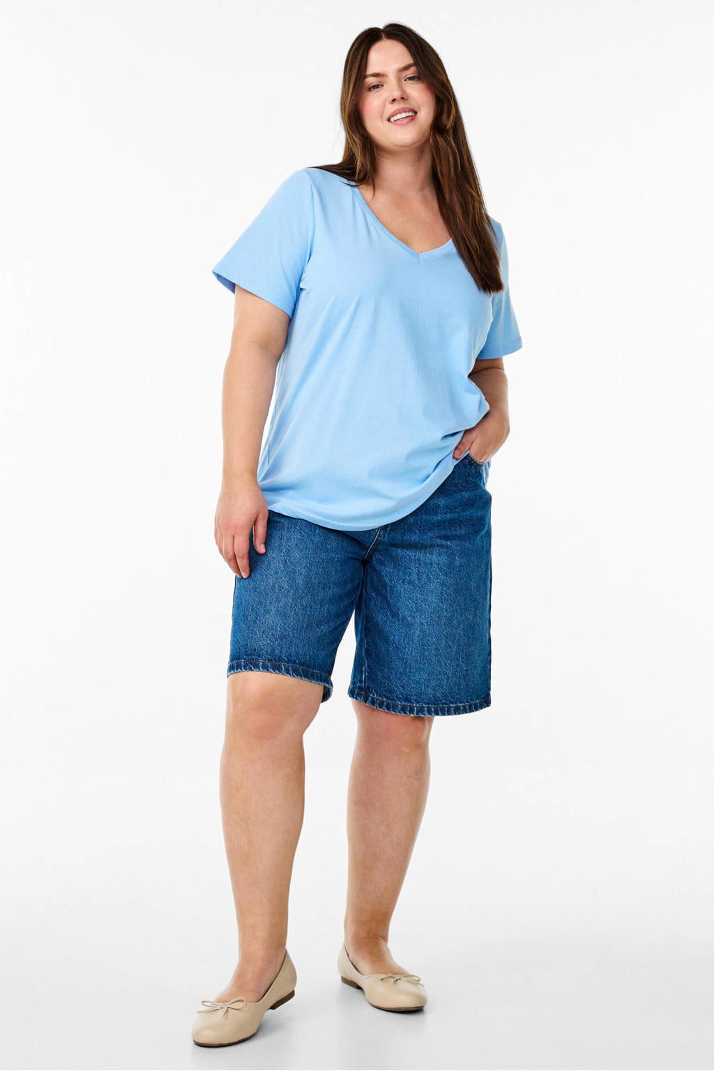 Lichtblauwe dames Zizzi T-shirt van katoen met effen, korte mouwen en V-hals
