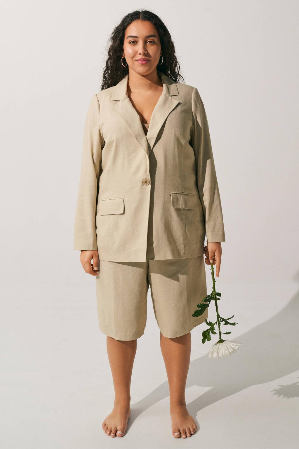 Beige dames Zizzi regular blazer van viscose met effen, lange mouwen, reverskraag en knoopsluiting