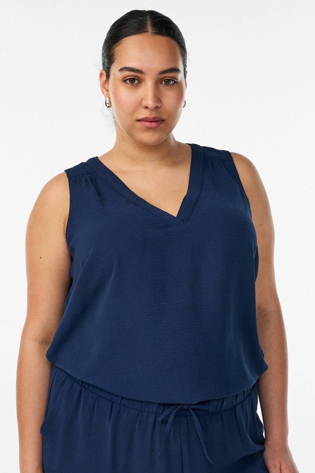 Donkerblauwe dames Zizzi top van polyester met effen en V-hals