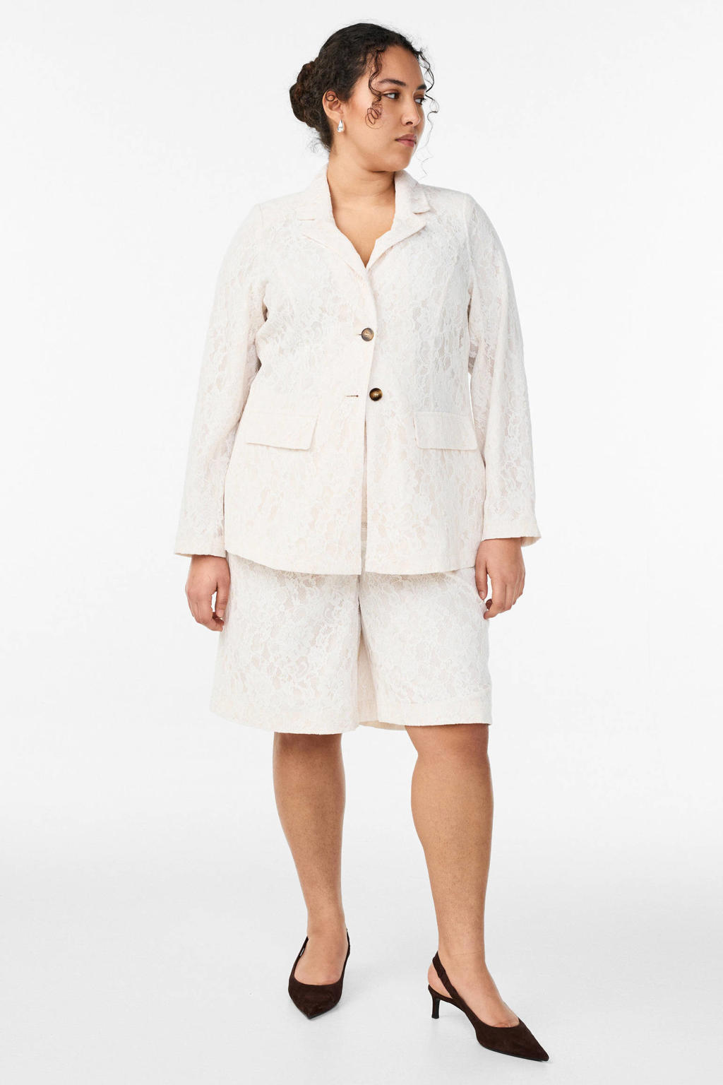 Witte dames Zizzi kanten regular blazer met effen, lange mouwen, reverskraag en knoopsluiting