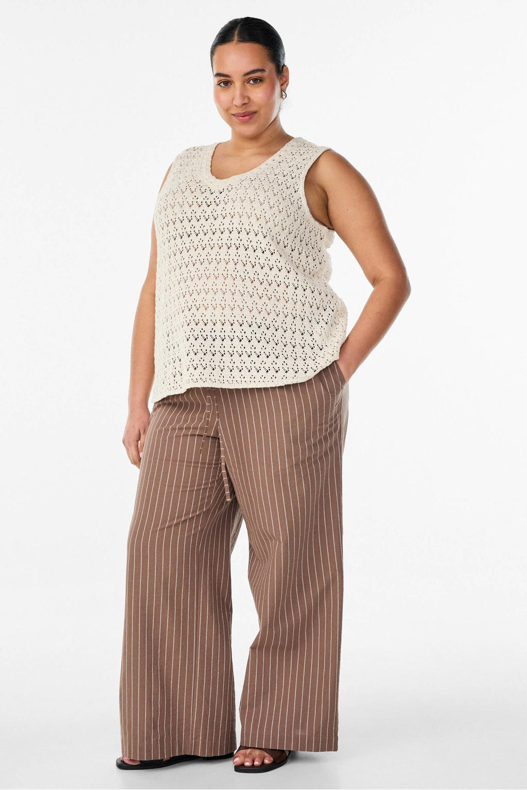 Bruin en ecru dames Zizzi regular fit casual broek Plus Size van katoen met elastische tailleband met koord