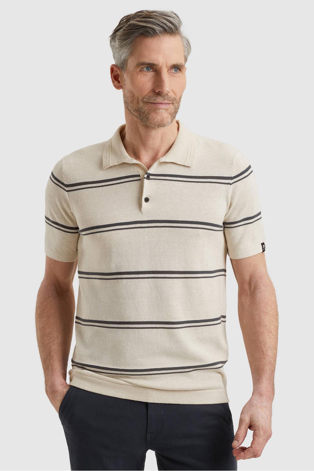 Beige heren Vanguard regular gestreepte polo van linnen met korte mouwen en knoopsluiting