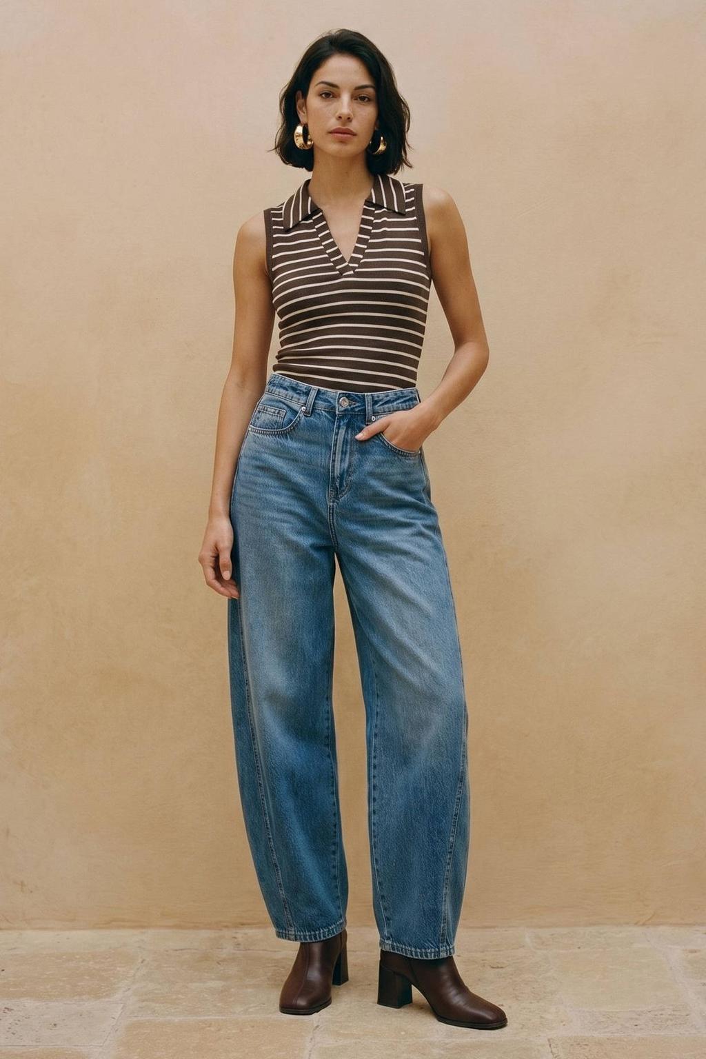 Medium blue denim dames VERO MODA barrel jeans mediumblauw van denim met regular waist, rits- en knoopsluiting en effen