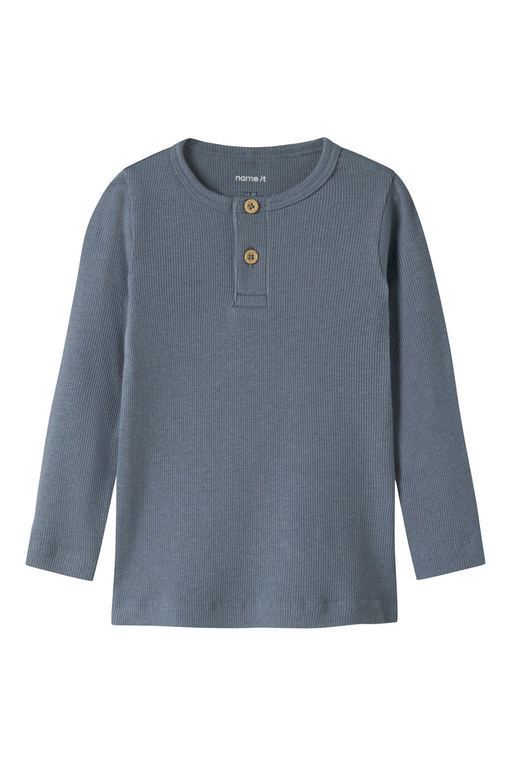 Blauwe jongens NAME IT MINI longsleeve van stretchkatoen met effen, lange mouwen, ronde hals, knoopsluiting en sierknopen