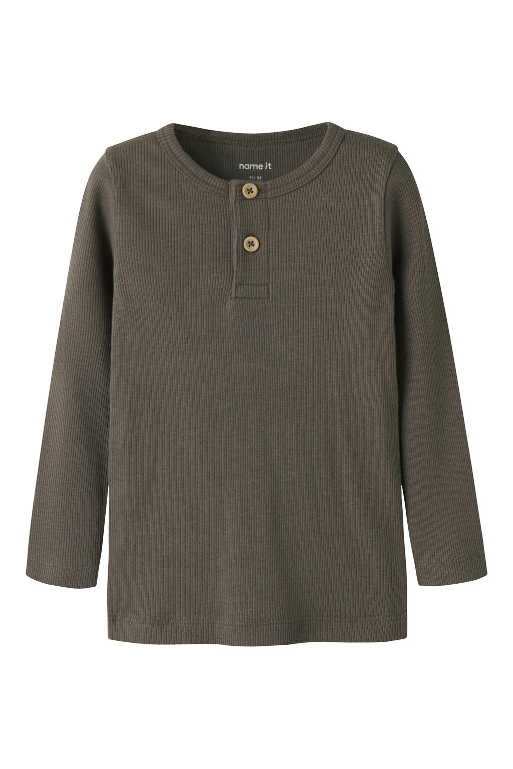 Bruine jongens NAME IT MINI longsleeve van stretchkatoen met effen, lange mouwen, ronde hals, knoopsluiting en sierknopen