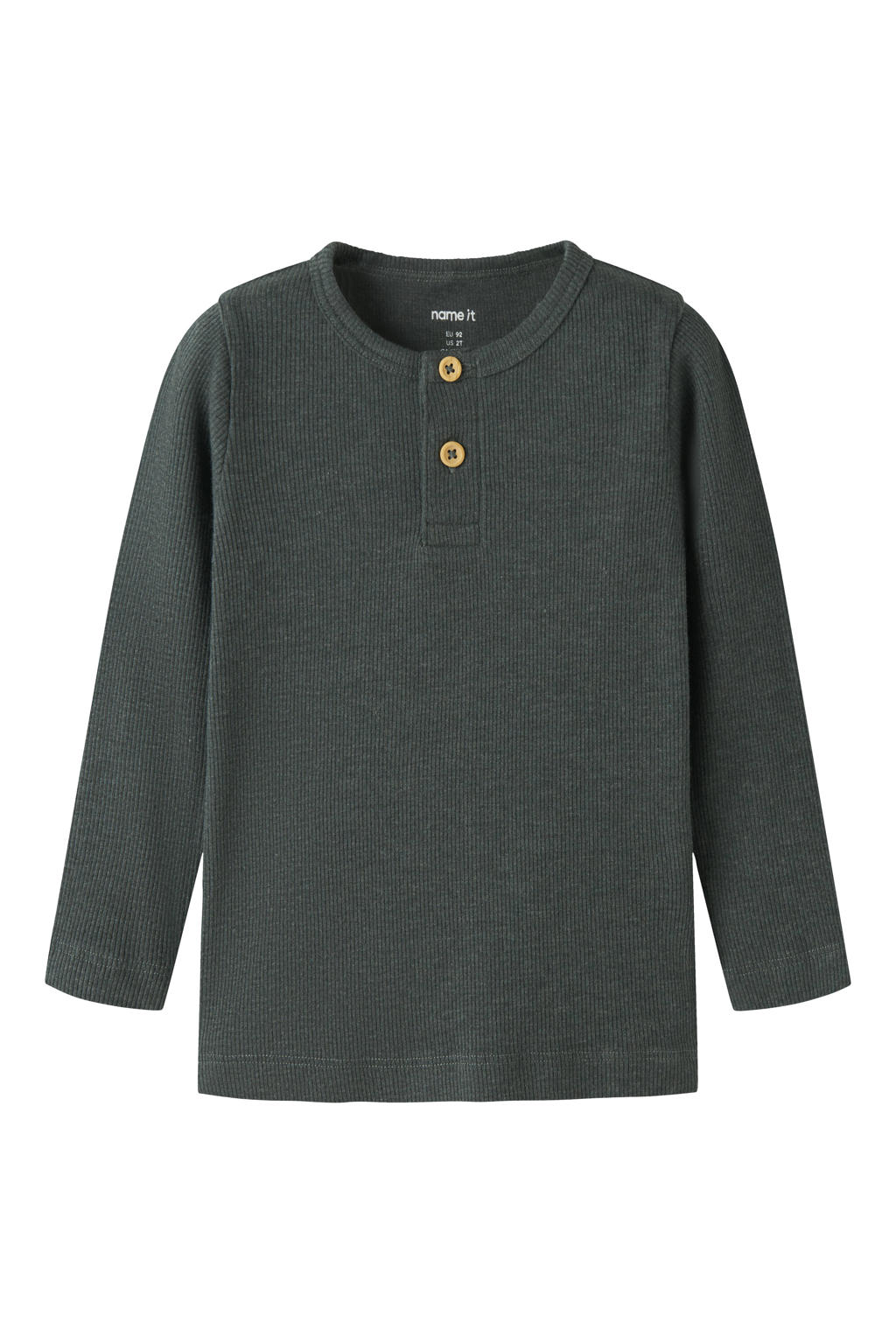 Grijze jongens NAME IT MINI longsleeve groen met effen, lange mouwen en knoopsluiting