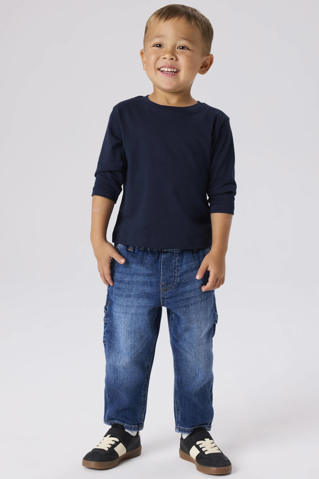 Dark blue denim jongens NAME IT MINI loose fit jeans dark blue van katoen met effen en carpenter details