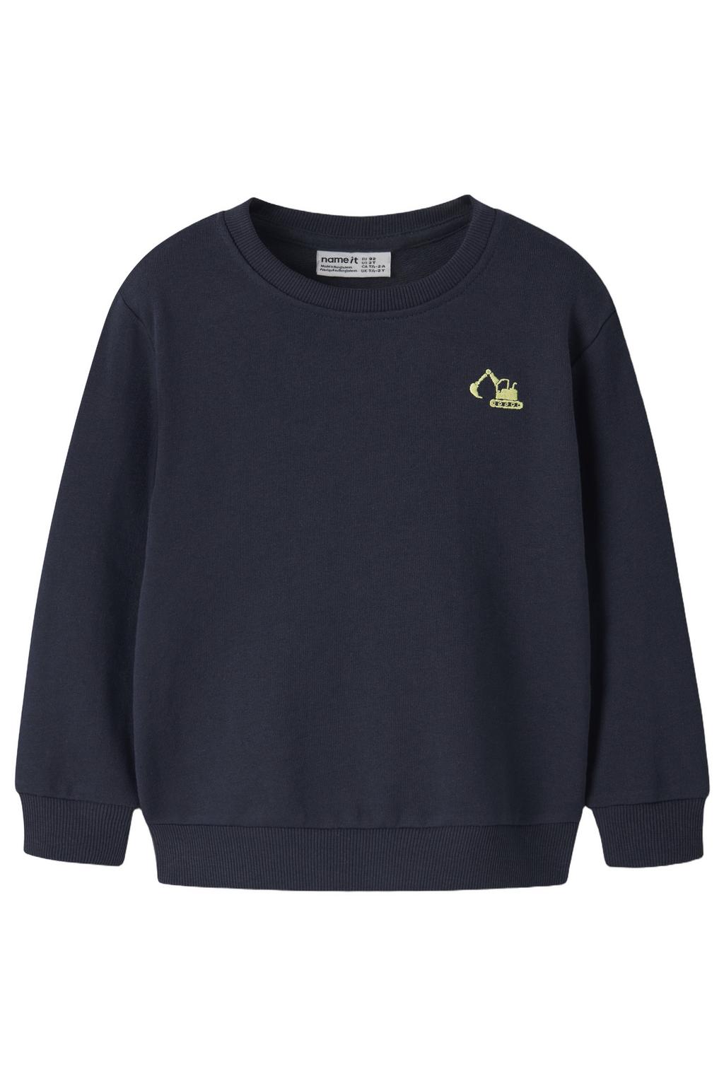 Donkerblauwe jongens NAME IT MINI rechtvallende sweater van katoen met effen, lange mouwen, ronde hals en borduursels