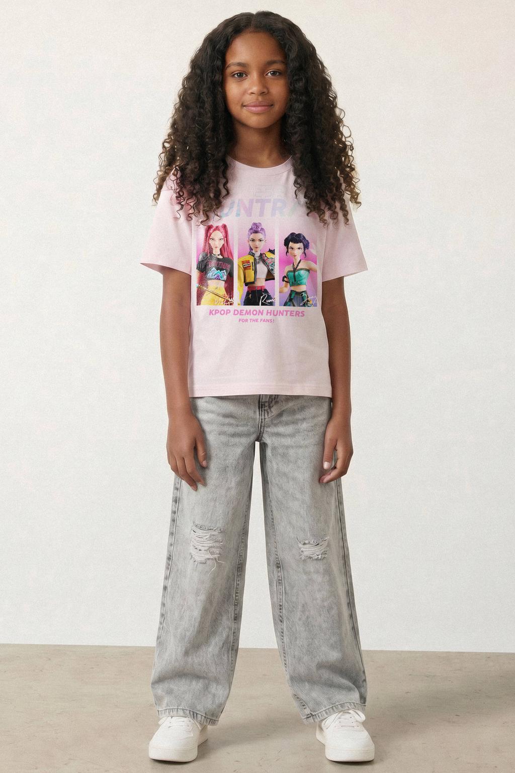 Lichtroze meisjes NAME IT KIDS Huntrix T-shirt van katoen met printopdruk, korte mouwen en ronde hals