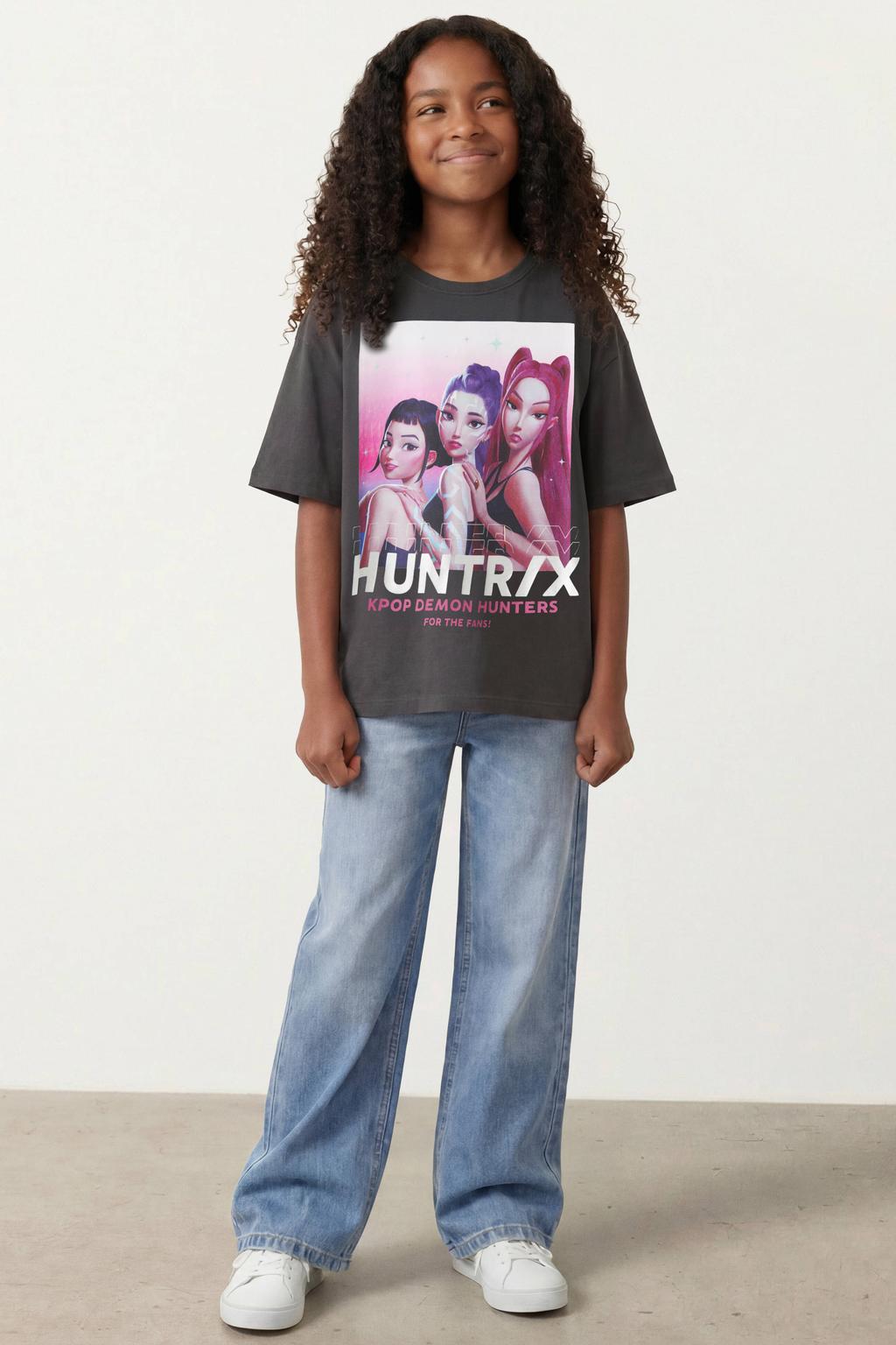 Zwarte meisjes NAME IT KIDS Huntrix T-shirt van katoen met printopdruk, korte mouwen en ronde hals