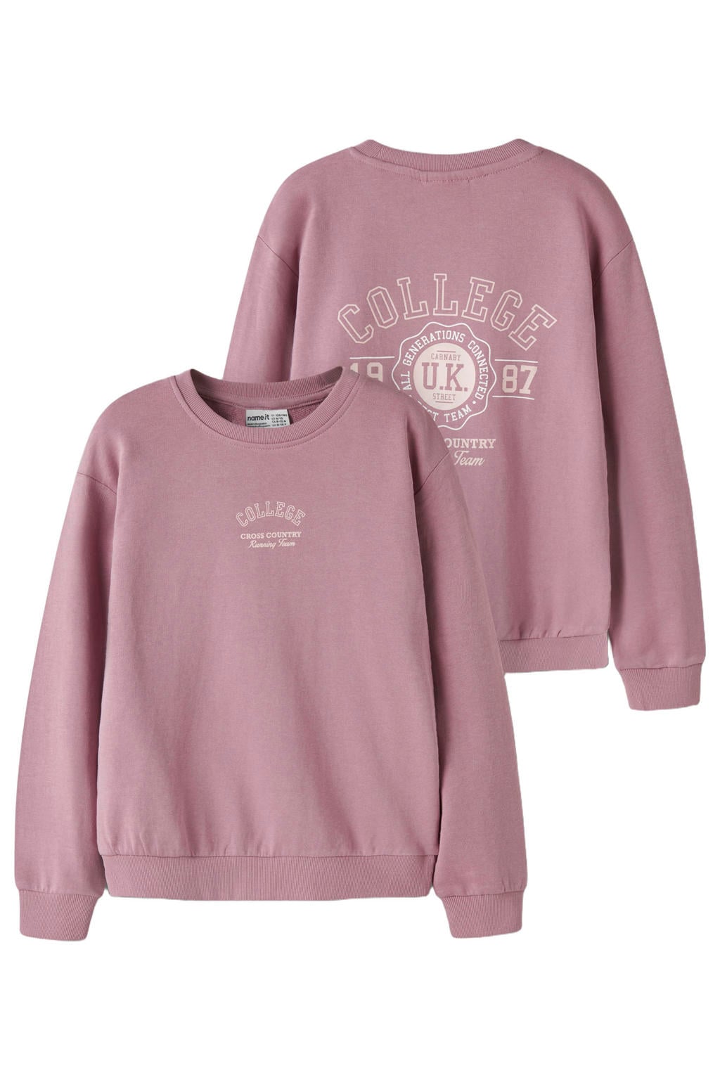 Lilakleurige meisjes NAME IT KIDS rechtvallende sweater met printopdruk, lange mouwen, ronde hals en geribde boorden