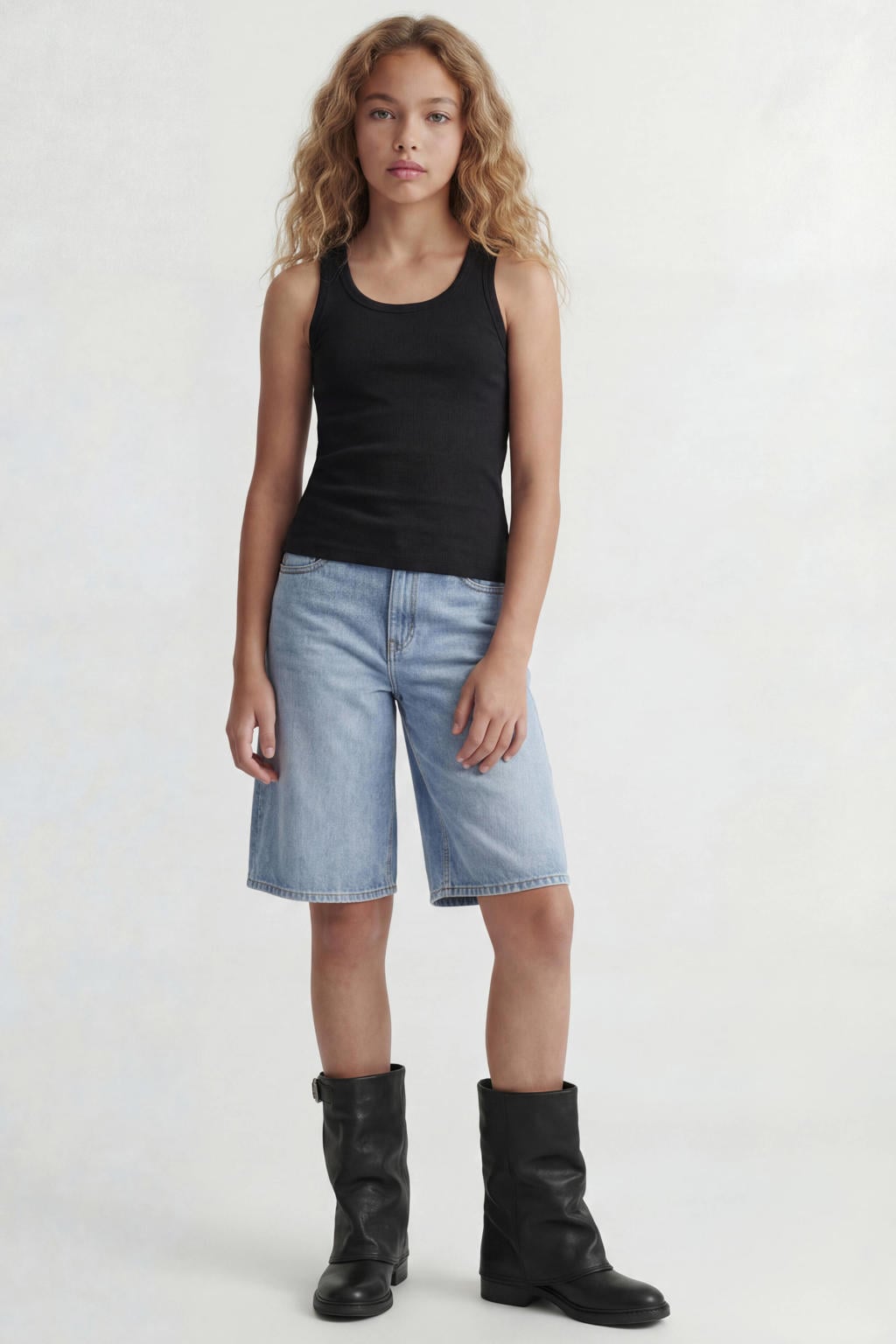 Zwarte meisjes JJXX GIRL tanktop rib gebreid van stretchkatoen met effen en ronde hals
