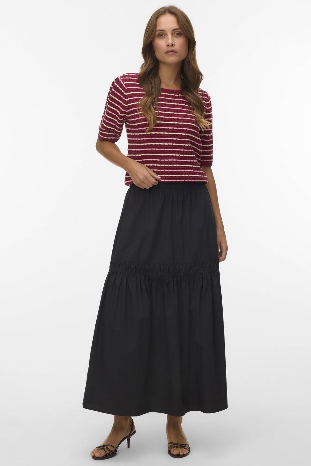 Donkerrood, lichtgeel en roze dames VERO MODA katoenen gebreide gestreepte trui met driekwart mouwen, ronde hals en ajour details