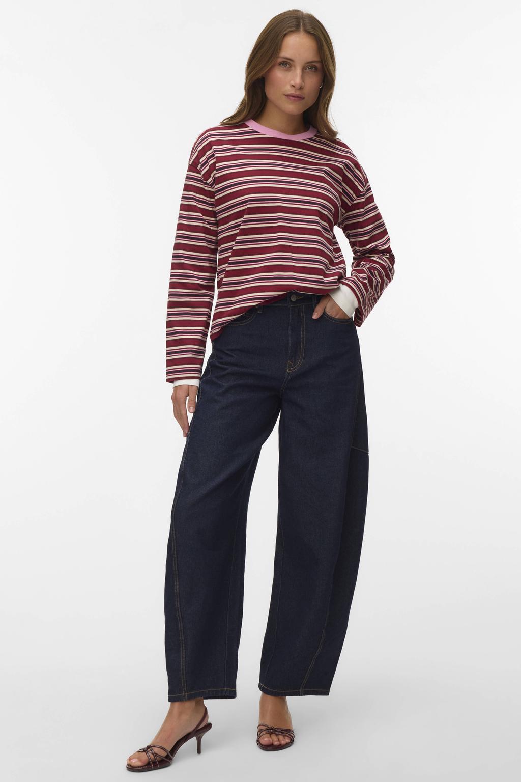 Rood, ecru en roze dames VERO MODA gestreepte top met lange mouwen en ronde hals