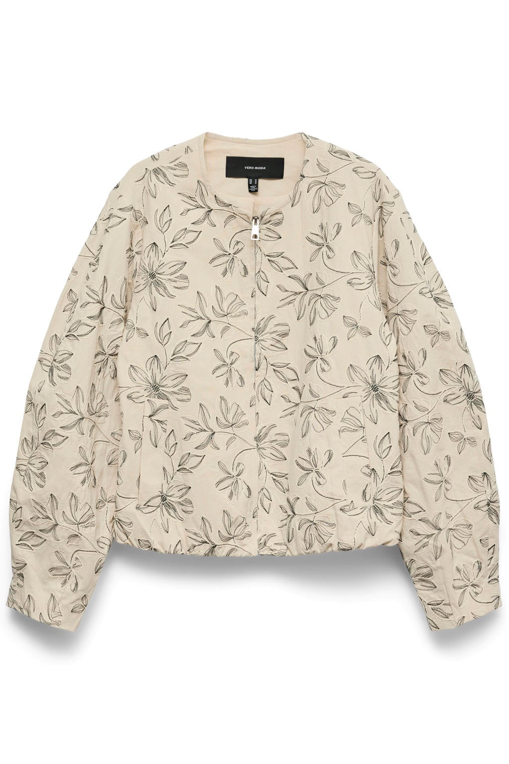 Beige en zwarte dames VERO MODA katoenen gebloemde zomerjas met lange mouwen, ronde hals en ritssluiting