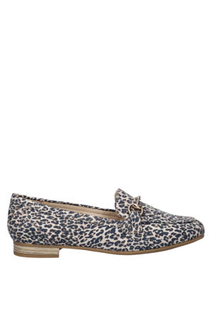 suède loafers met panterprint met siergesp zwart/beige