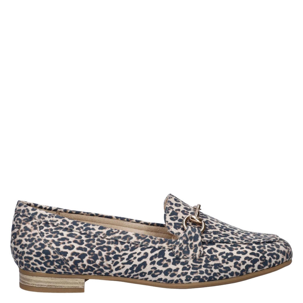 Zwart en beige dames Marco Tozzi suède loafers met siergesp met panterprint