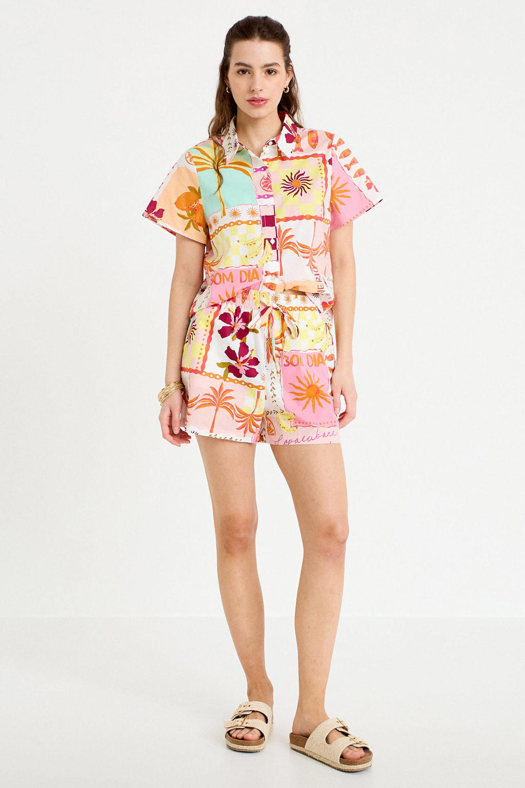 Witte dames Cache Cache blouse van katoen met korte mouwen, klassieke kraag en knoopsluiting