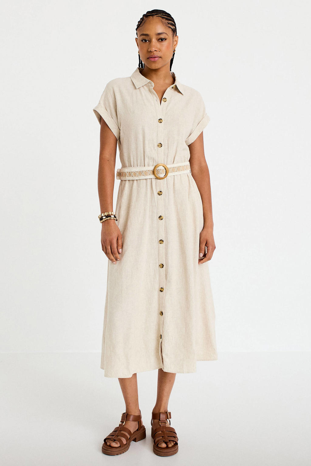 Beige dames Cache Cache linnen blousejurk met effen, korte mouwen, klassieke kraag, knoopsluiting en ceintuur