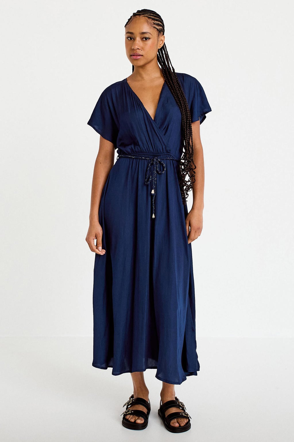 Marineblauw dames Cache Cache midi jurk blauw van katoen met effen, korte mouwen en V-hals