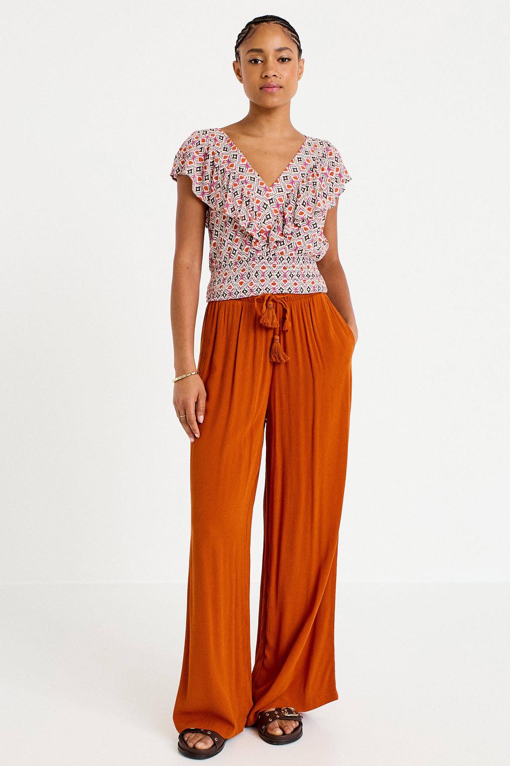 Donker oranje dames Cache Cache wide leg regular waist casual broek van viscose met elastische tailleband met koord en effen