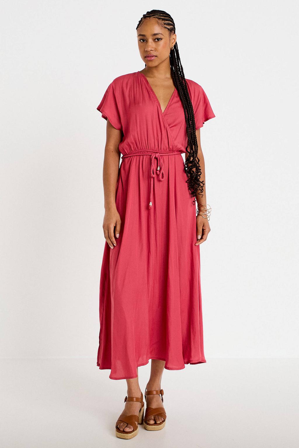 Roze dames Cache Cache midi jurk van katoen met effen, korte mouwen en V-hals