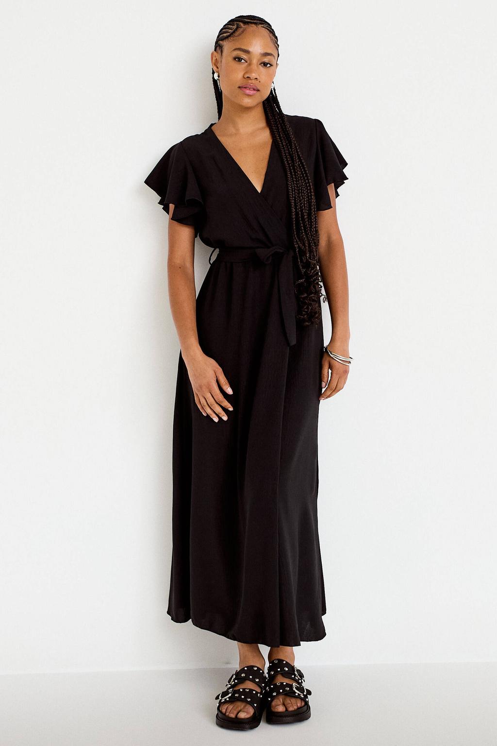 Zwarte dames Cache Cache midi jurk van polyester met effen, korte mouwen en overslagkraag