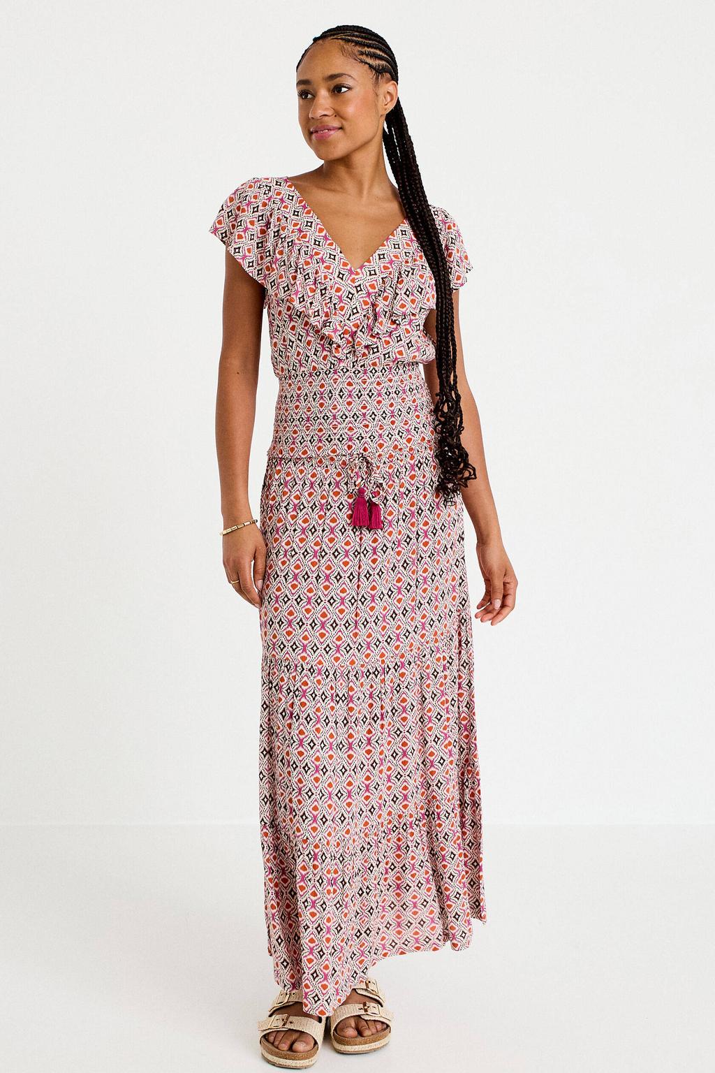 Wit en roze dames Cache Cache maxi rok gemaakt van viscose en met elastische tailleband met koord