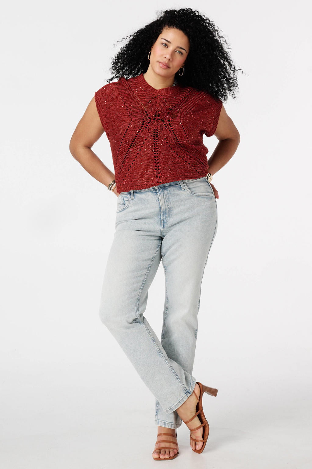 Lichtblauwe dames MS Mode straight leg jeans van denim met rits- en knoopsluiting en effen