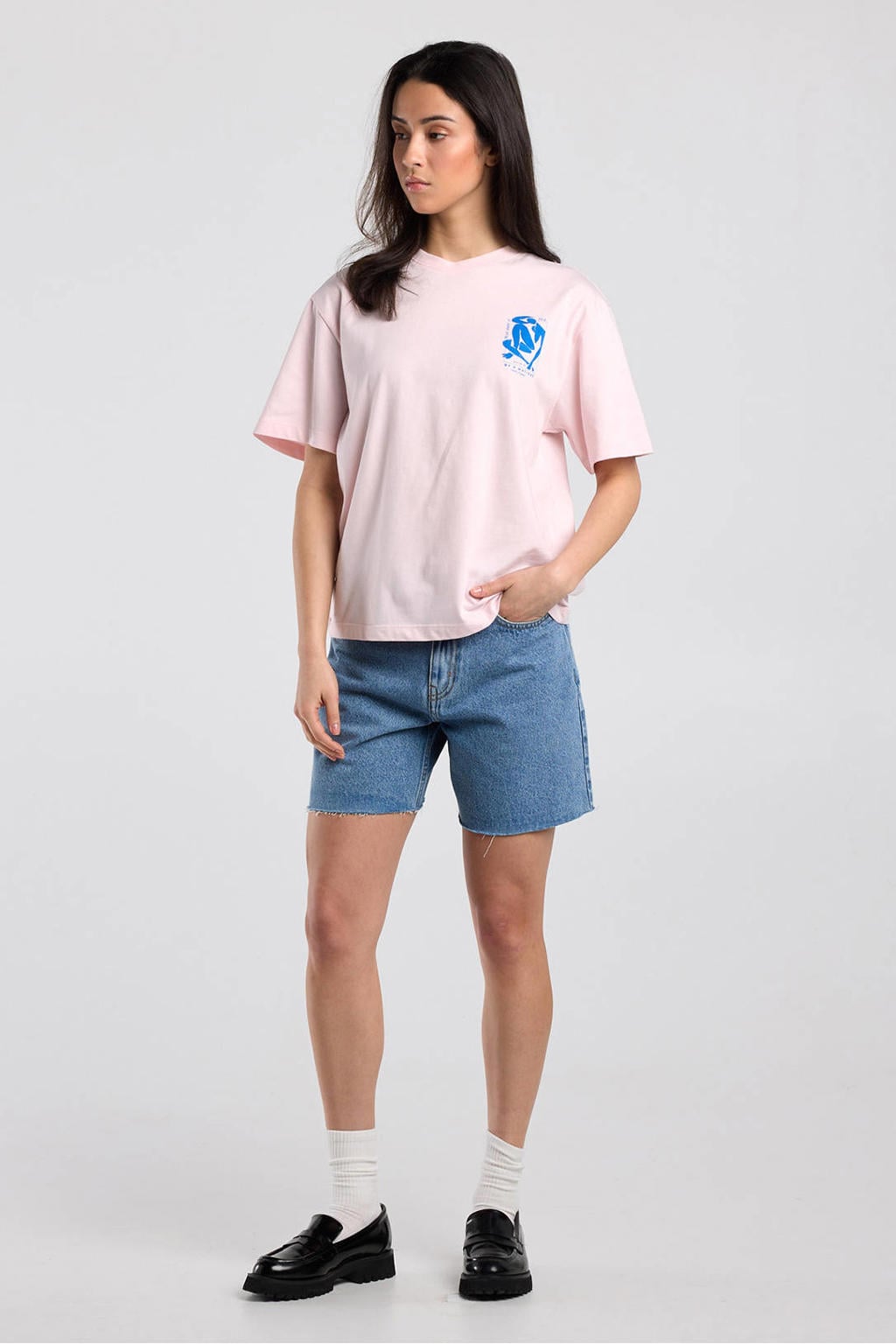 Lichtroze en blauwe dames America Today T-shirt van katoen met backprint, korte mouwen en ronde hals