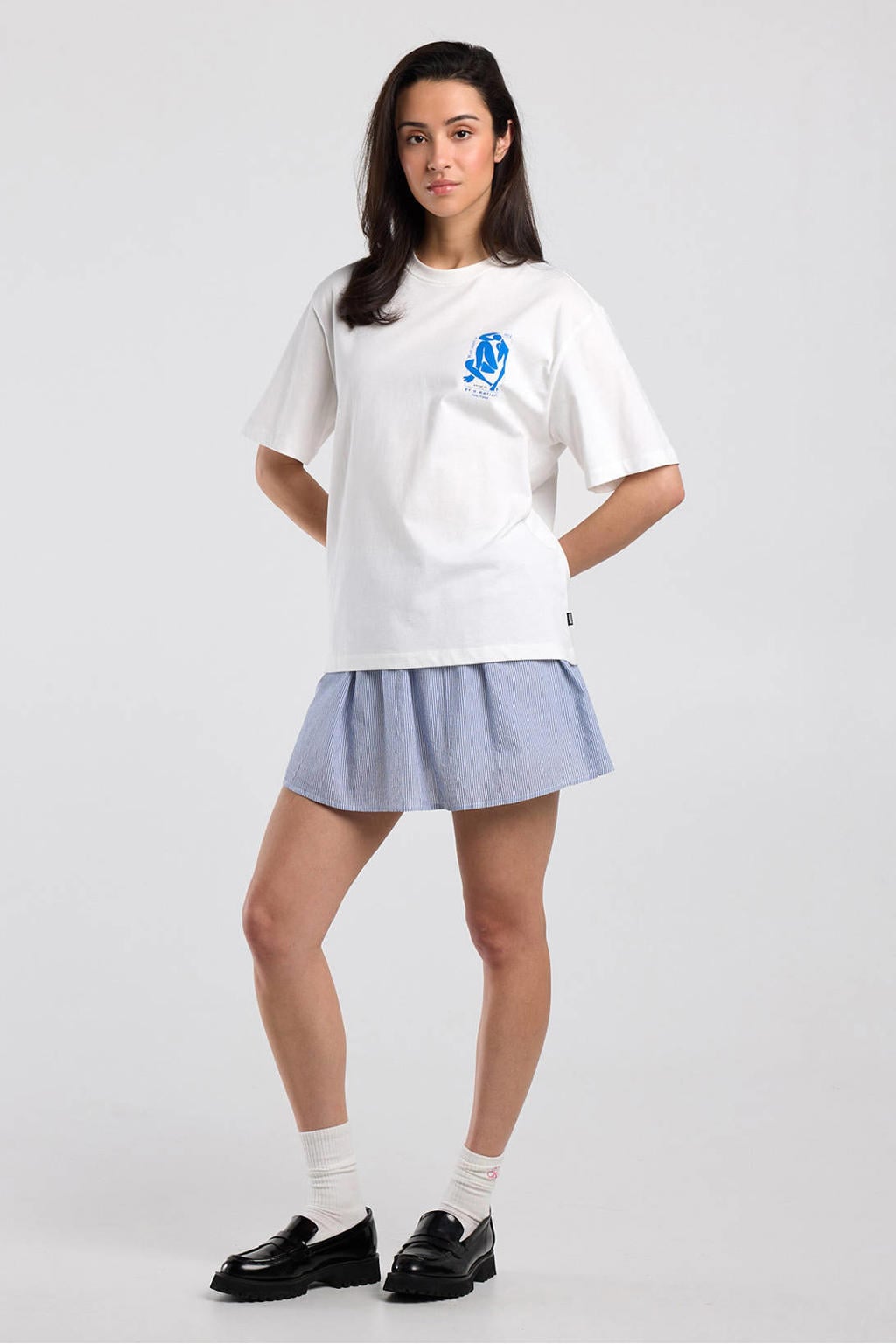 Ecru en blauwe dames America Today T-shirt van katoen met backprint, korte mouwen en ronde hals