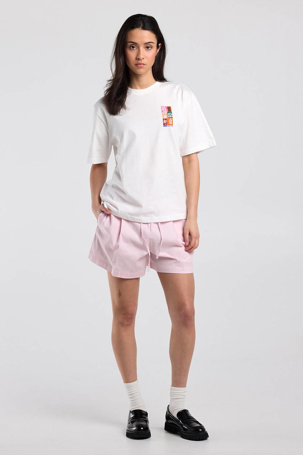 Ecru en multikleurige dames America Today T-shirt van katoen met backprint, korte mouwen en ronde hals