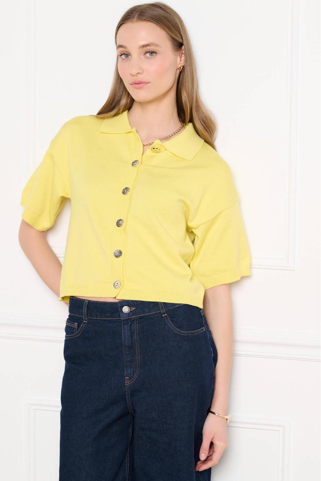 Gele dames LOLALIZA gebreid vest van viscose met effen, korte mouwen, polo kraag en knoopsluiting