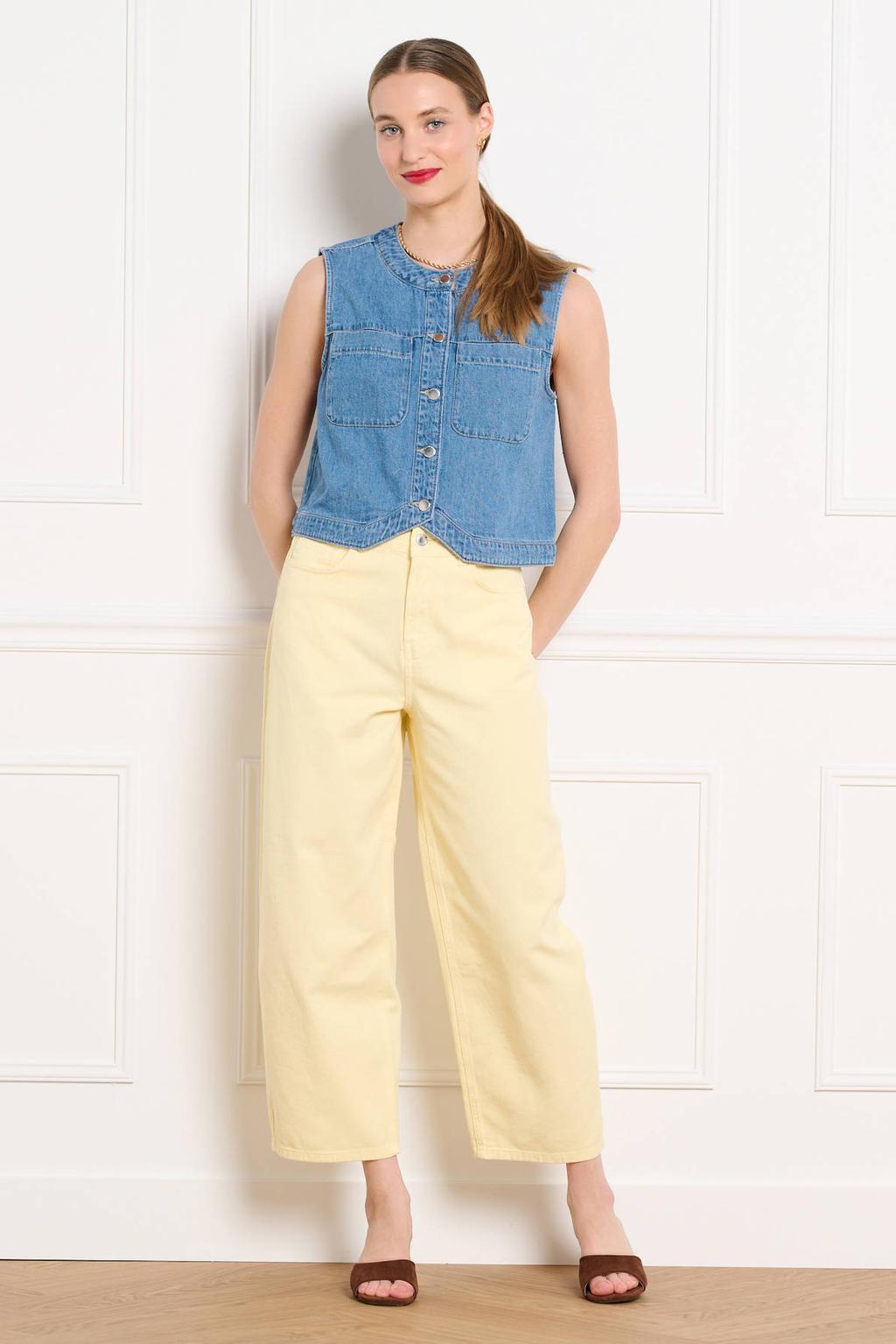 Gele dames LOLALIZA high waist barrel jeans van denim met rits- en knoopsluiting en effen