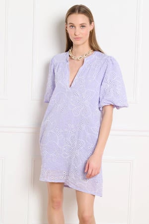 geruite blousejurk broderie lila