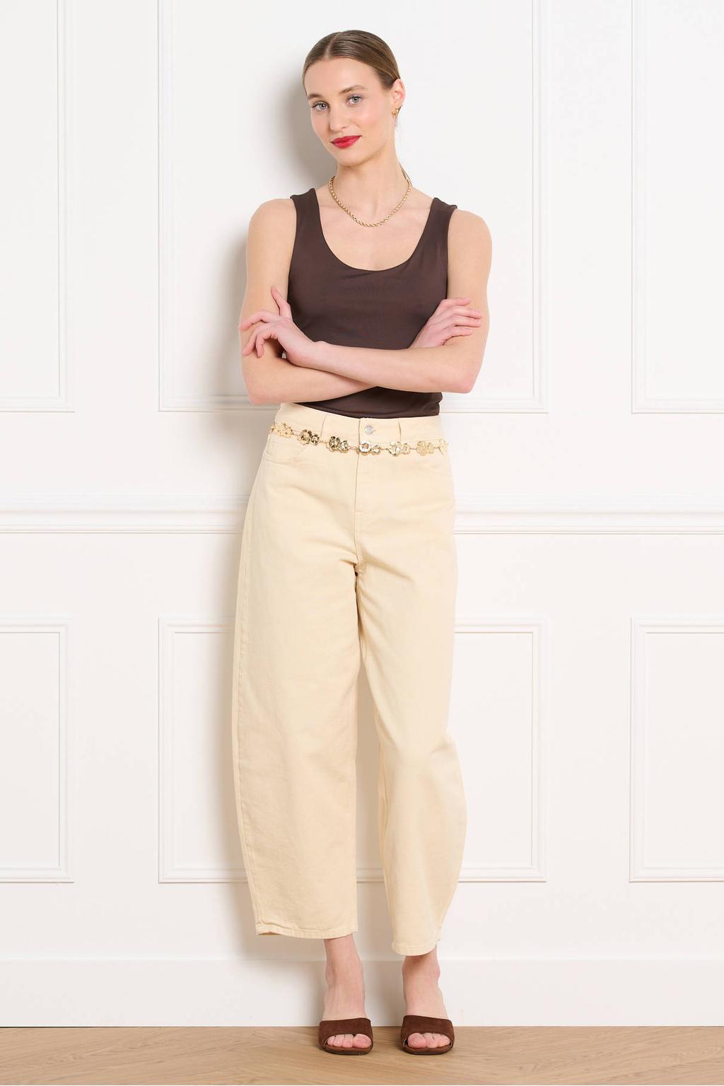 Beige dames LOLALIZA high waist barrel jeans van denim met rits- en knoopsluiting en effen