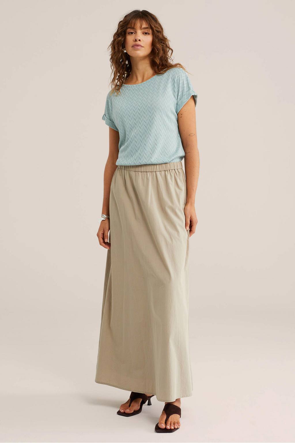 Lichtblauwe dames WE Fashion top ajour van polyester met effen, korte mouwen en boothals