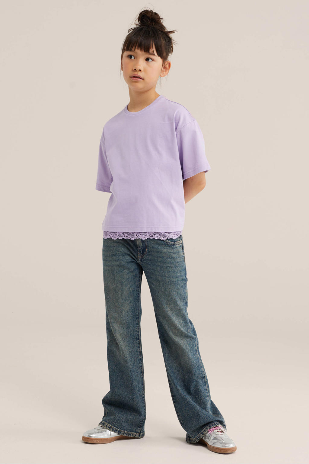 Lilakleurige meisjes WE Fashion T-shirt van katoen met effen, korte mouwen en ronde hals