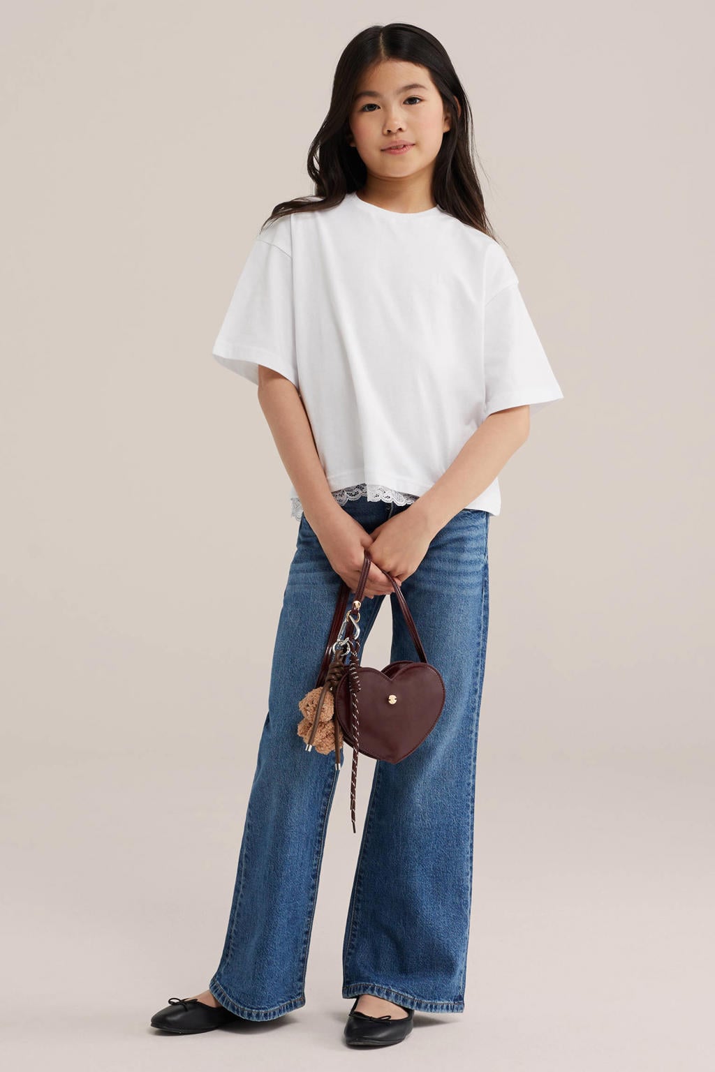 Witte meisjes WE Fashion T-shirt van katoen met effen, korte mouwen en ronde hals