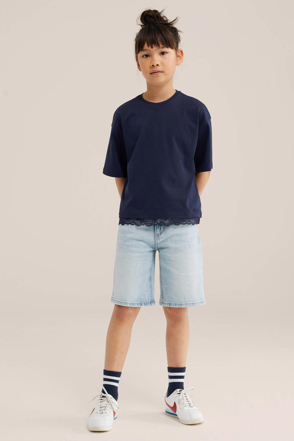 Donkerblauwe meisjes WE Fashion T-shirt van katoen met effen, korte mouwen en ronde hals