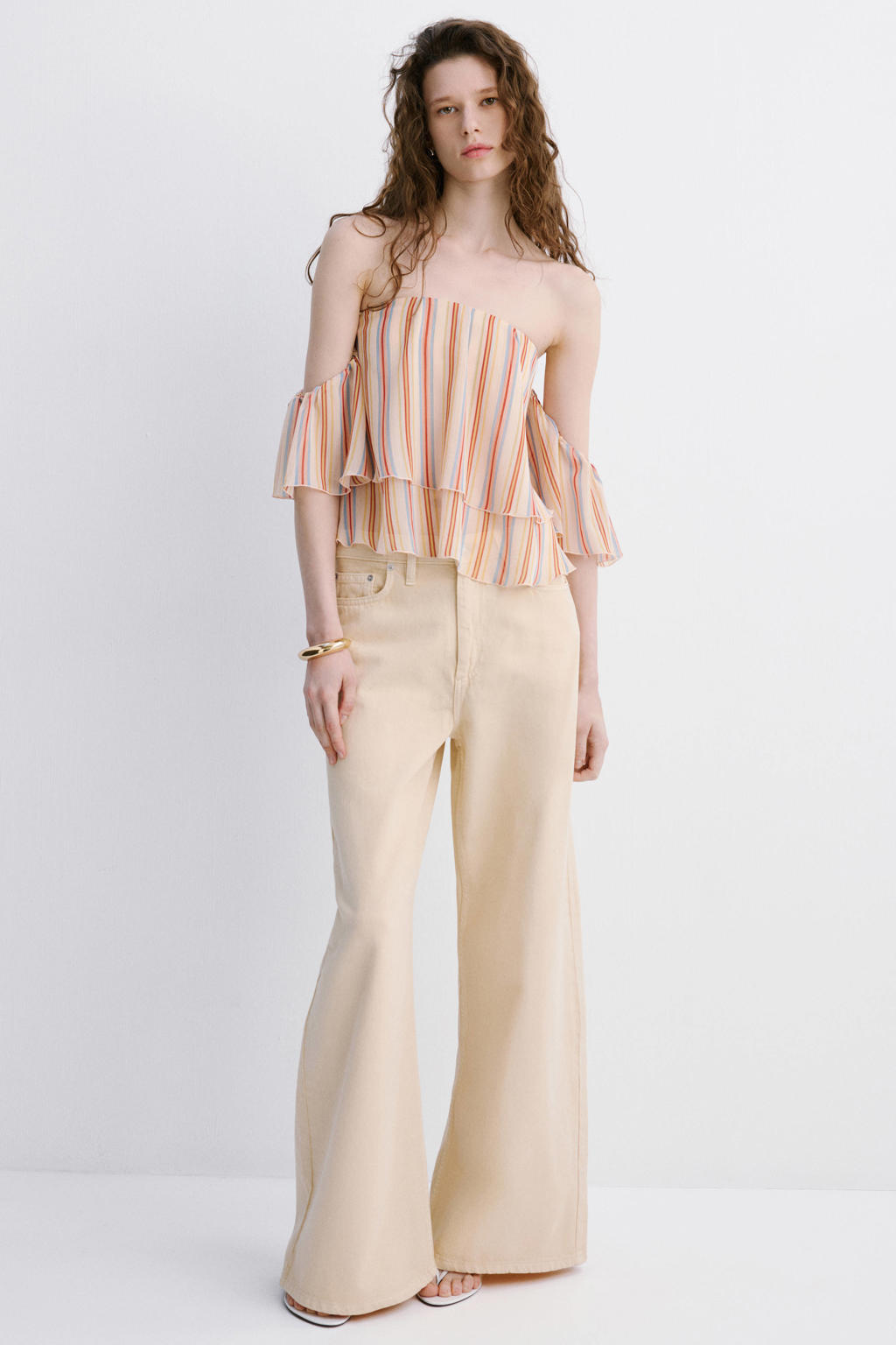 Multikleurige dames Mango gestreepte top van polyester met korte mouwen en off shoulder hals