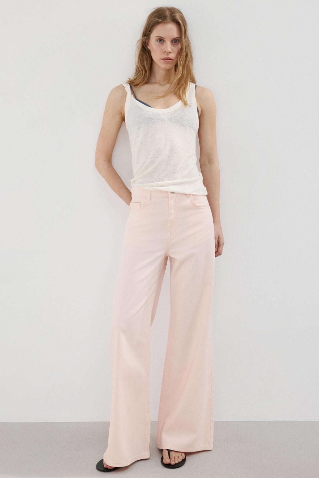 Lichtroze dames Mango wide leg jeans van denim met rits- en knoopsluiting en effen