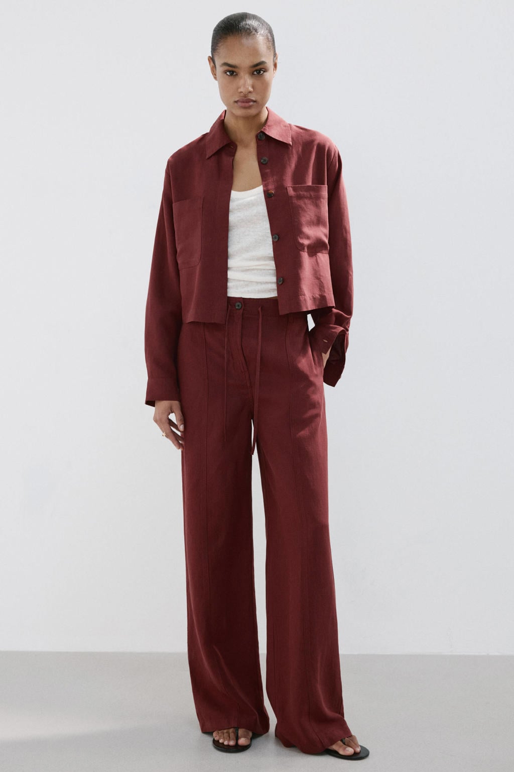 Donkerrode dames Mango blouse van lyocell met effen, lange mouwen, klassieke kraag en knoopsluiting