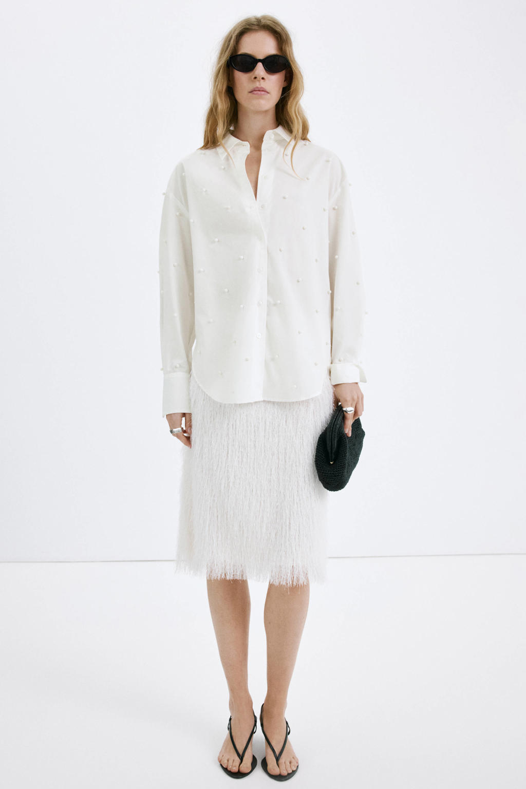 Witte dames Mango blouse van lyocell met effen, lange mouwen, klassieke kraag, knoopsluiting en parels